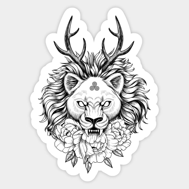 Wiccan lion with horns and flowers Sticker by fears